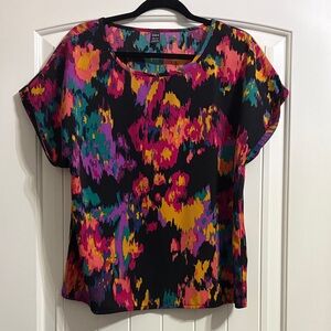 SHEIN Black Multicolor Abstract Floral Short Sleeve Top